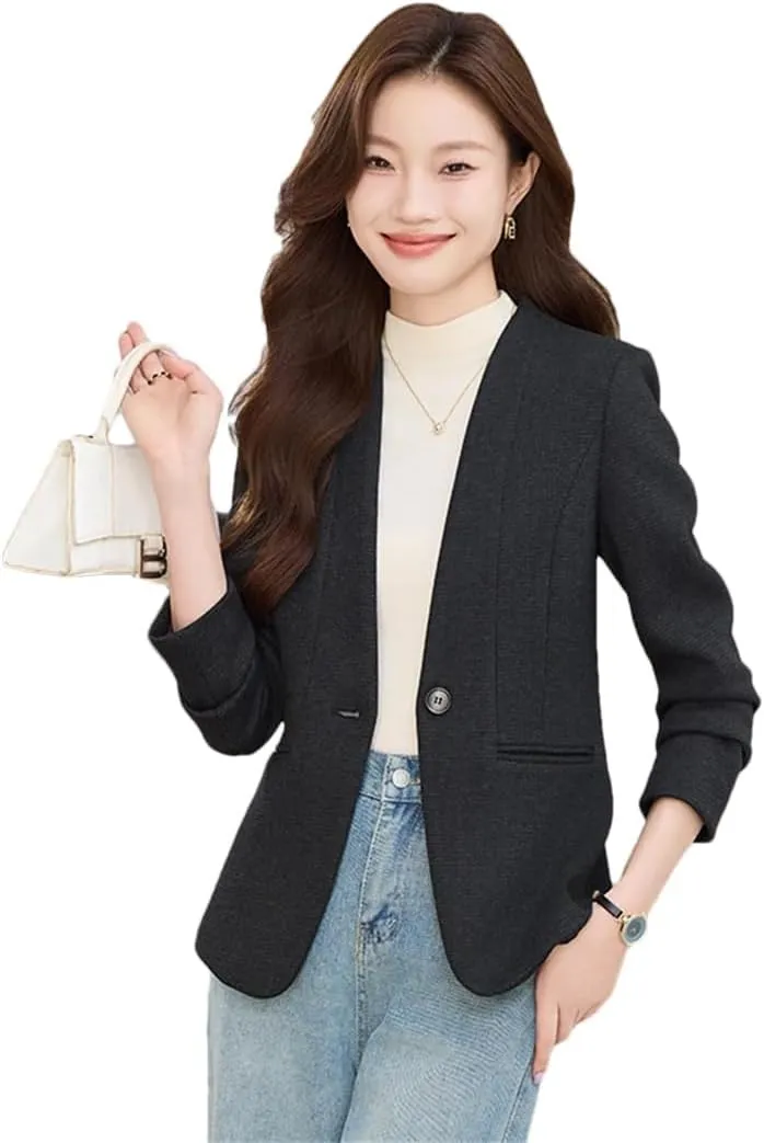 Women Elegant High End Slim Suit Overcoat V Neck Single Button Woolen Blazer Jacket