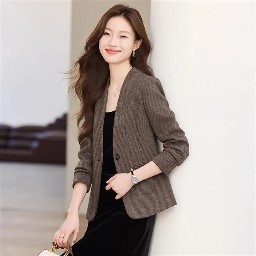 Women Elegant High End Slim Suit Overcoat V Neck Single Button Woolen Blazer Jacket