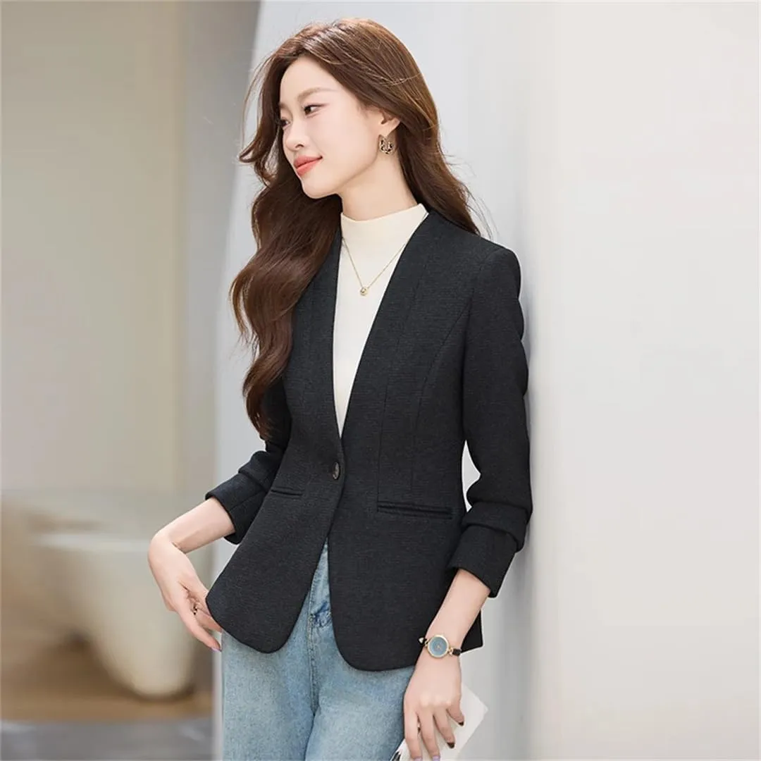 Women Elegant High End Slim Suit Overcoat V Neck Single Button Woolen Blazer Jacket