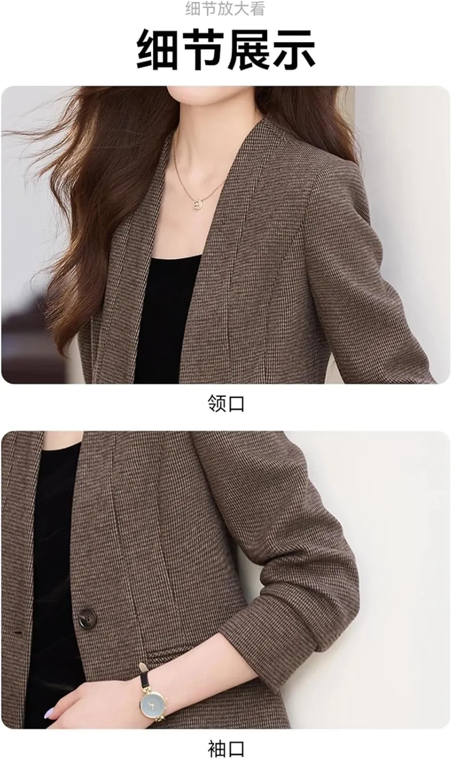 Women Elegant High End Slim Suit Overcoat V Neck Single Button Woolen Blazer Jacket