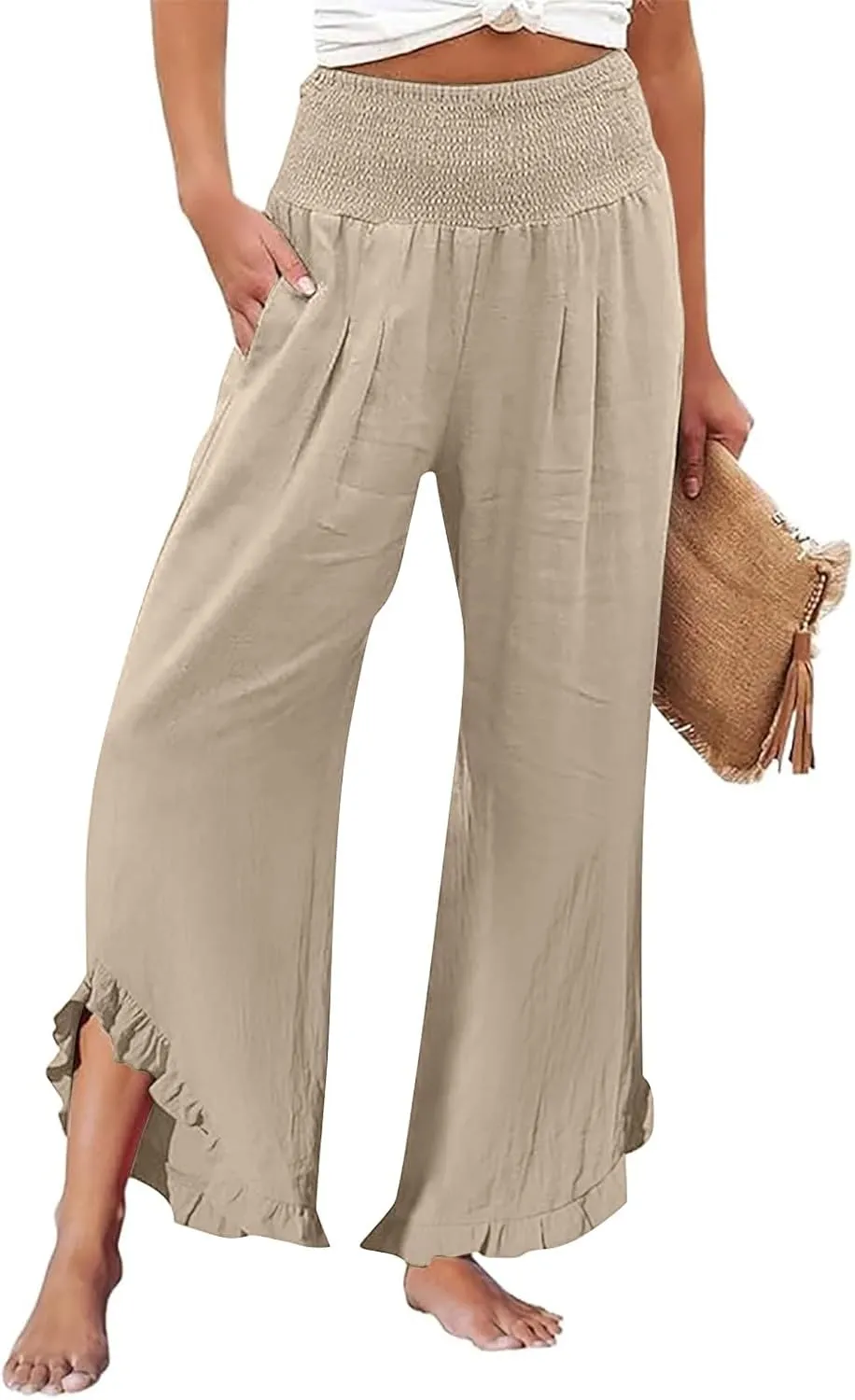 Women Oversized Elastic High Waist Linen Pants Smocked Waist Straight Leg Ruffle Hem Trousers Beach Flowy Casual Pant