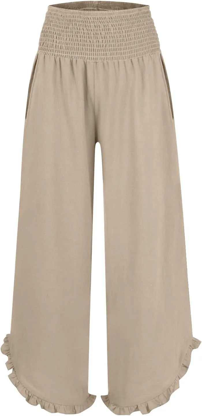 Women Oversized Elastic High Waist Linen Pants Smocked Waist Straight Leg Ruffle Hem Trousers Beach Flowy Casual Pant