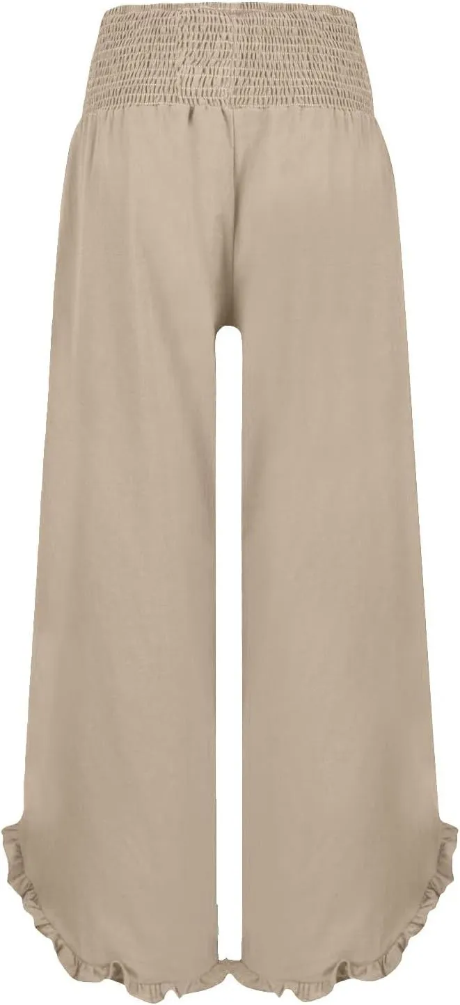 Women Oversized Elastic High Waist Linen Pants Smocked Waist Straight Leg Ruffle Hem Trousers Beach Flowy Casual Pant