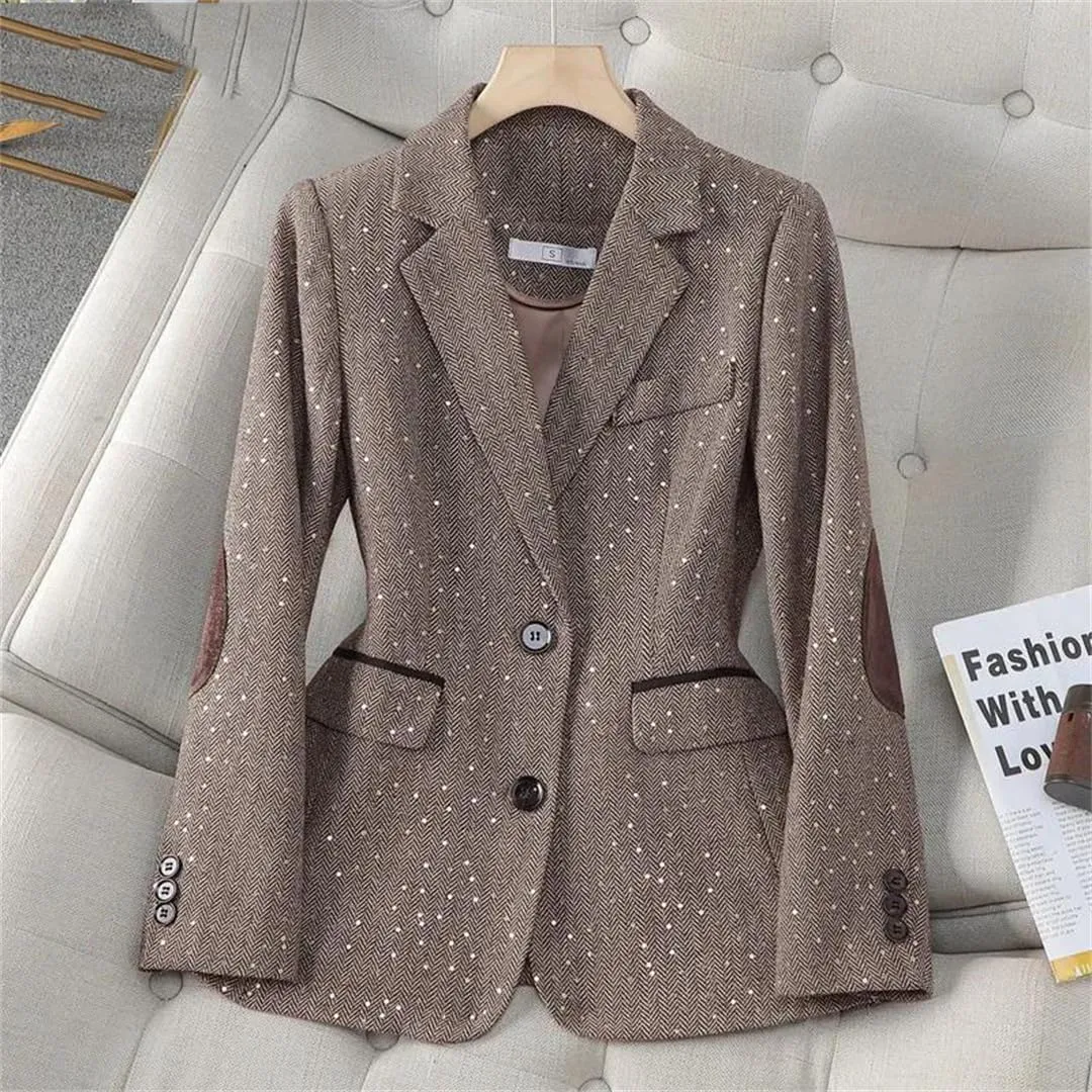 Women Spring Autumn High End Design Slim Jacket Office Work Coat Coffee Blazer