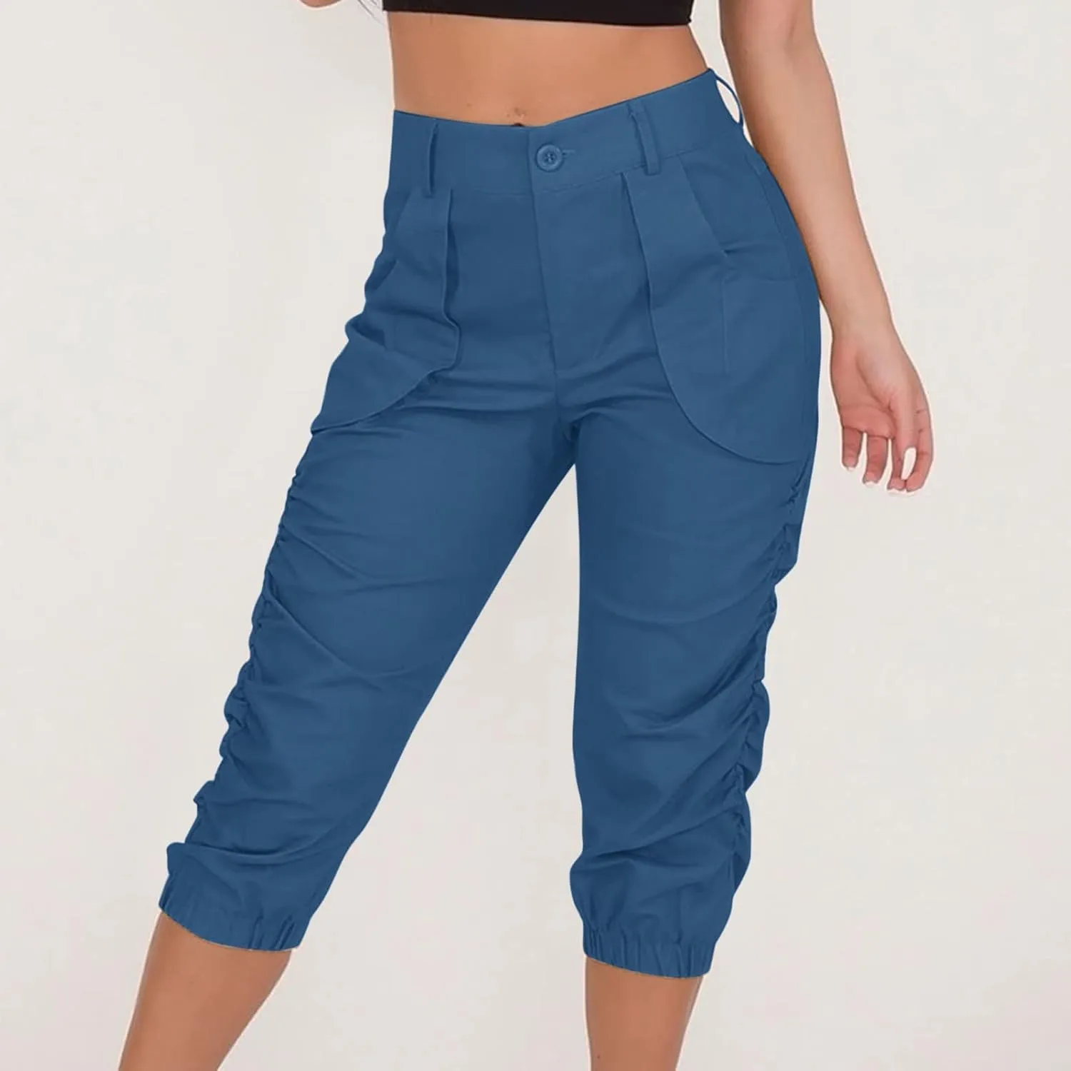 Womens Casual Pants High Waist Front Button Pleated Binded Feet Capri Trousers Summer Hiking Cargo Pants with Pockets