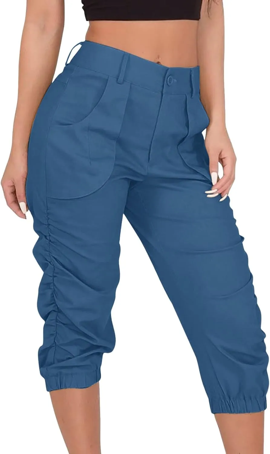 Womens Casual Pants High Waist Front Button Pleated Binded Feet Capri Trousers Summer Hiking Cargo Pants with Pockets