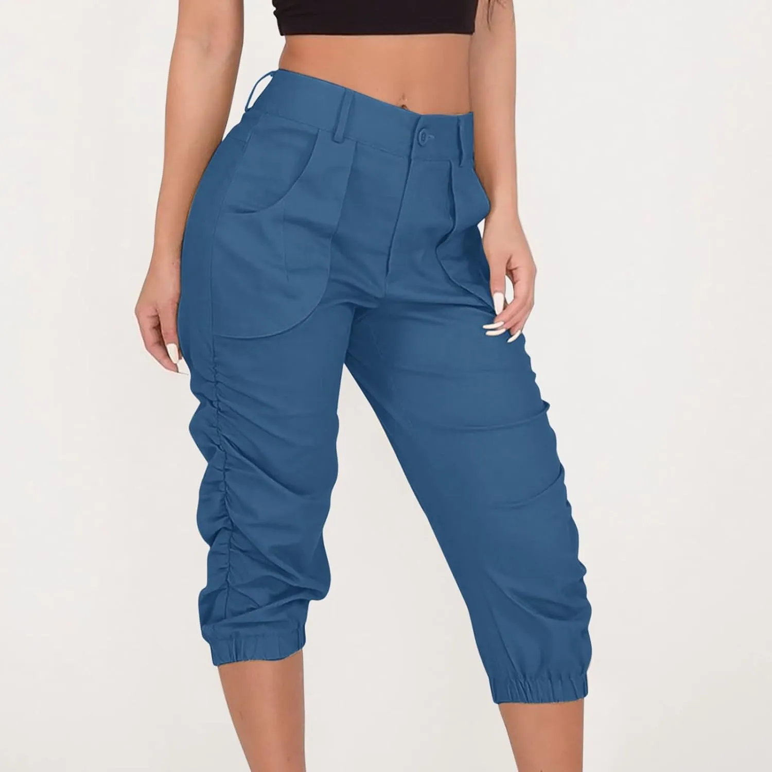 Womens Casual Pants High Waist Front Button Pleated Binded Feet Capri Trousers Summer Hiking Cargo Pants with Pockets