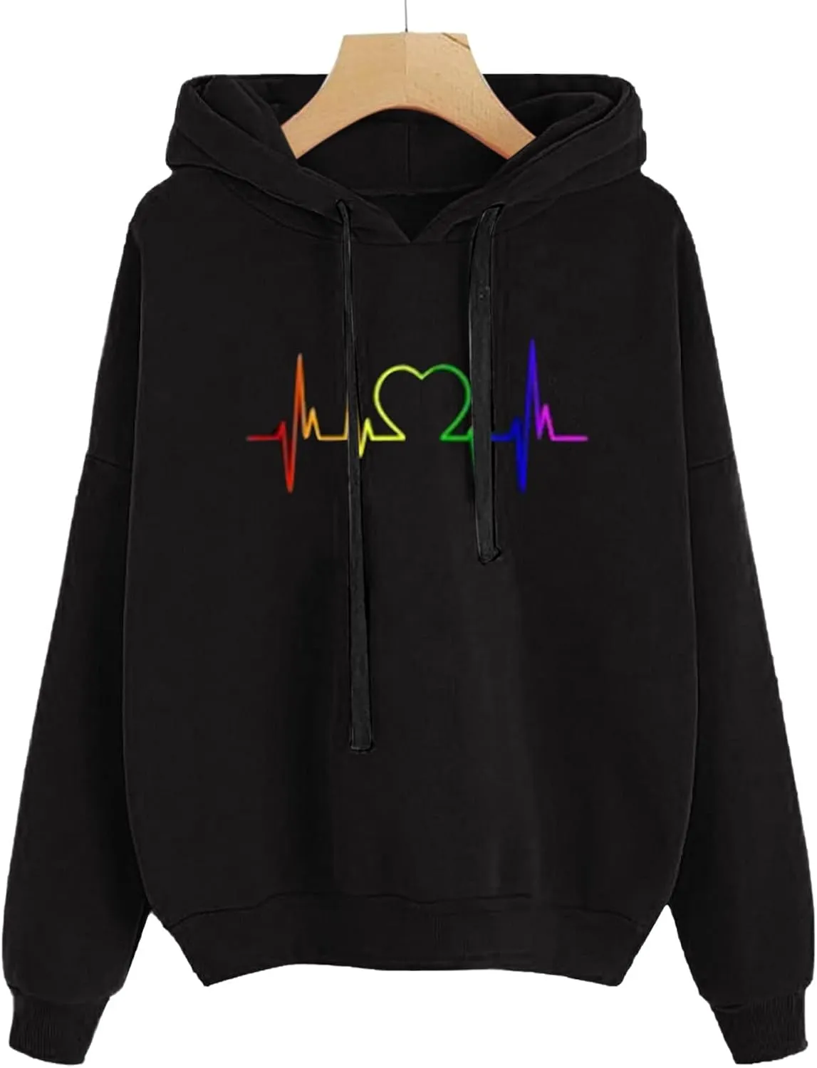 Women's Graphic Letter Heart Print Long Sleeve Hoodie Sweatshirt with Pocket Loose Oversized Drawstring Pullover