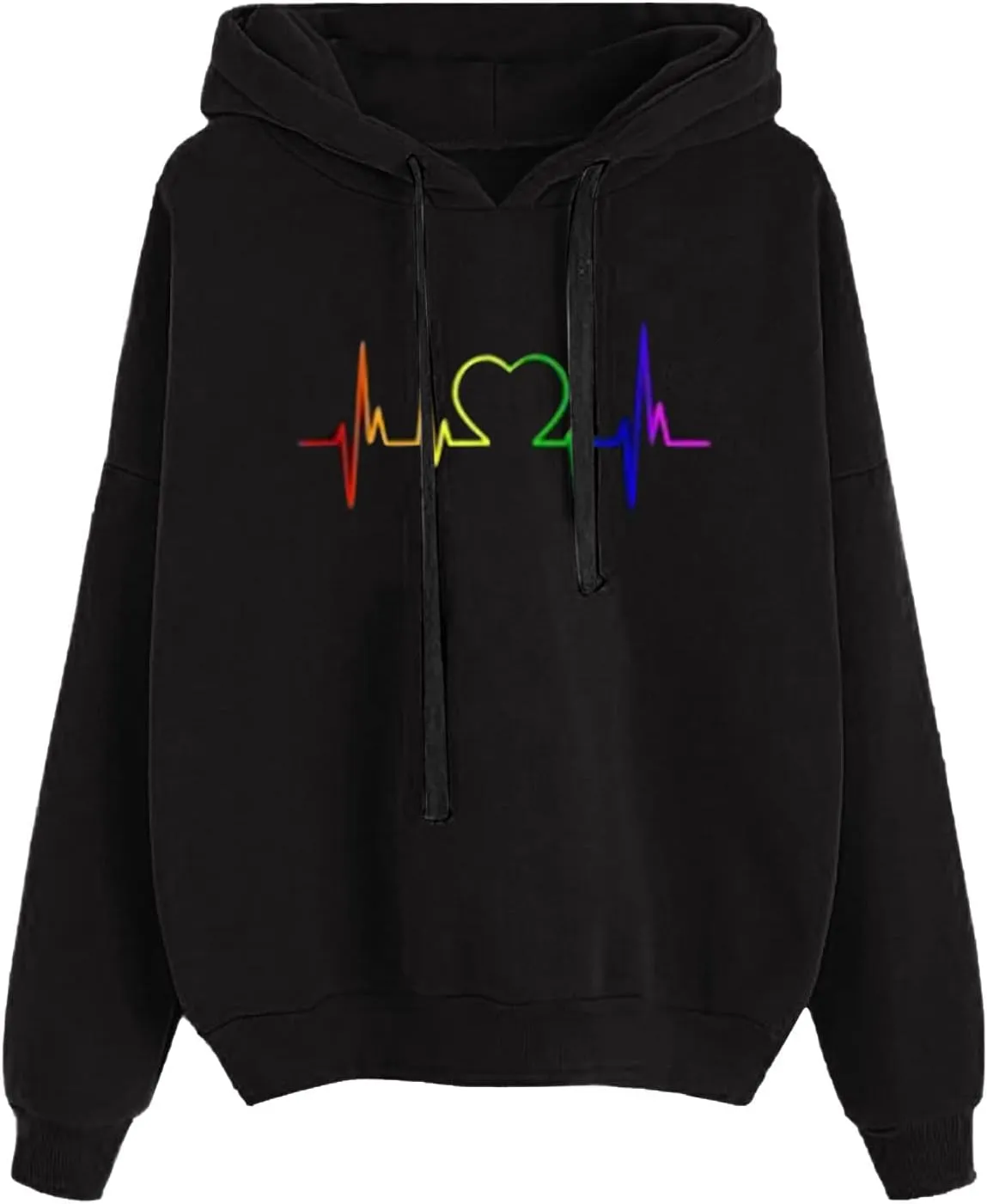 Women's Graphic Letter Heart Print Long Sleeve Hoodie Sweatshirt with Pocket Loose Oversized Drawstring Pullover
