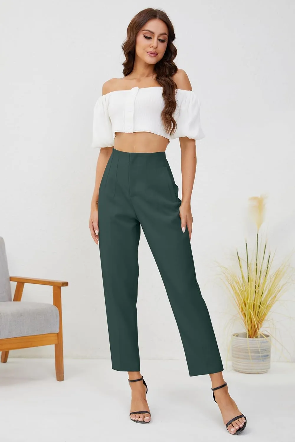 Women's High Waisted Business Trousers Straight Leg Pleated Office Slacks Pants