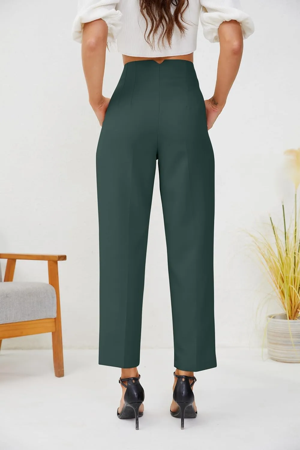 Women's High Waisted Business Trousers Straight Leg Pleated Office Slacks Pants