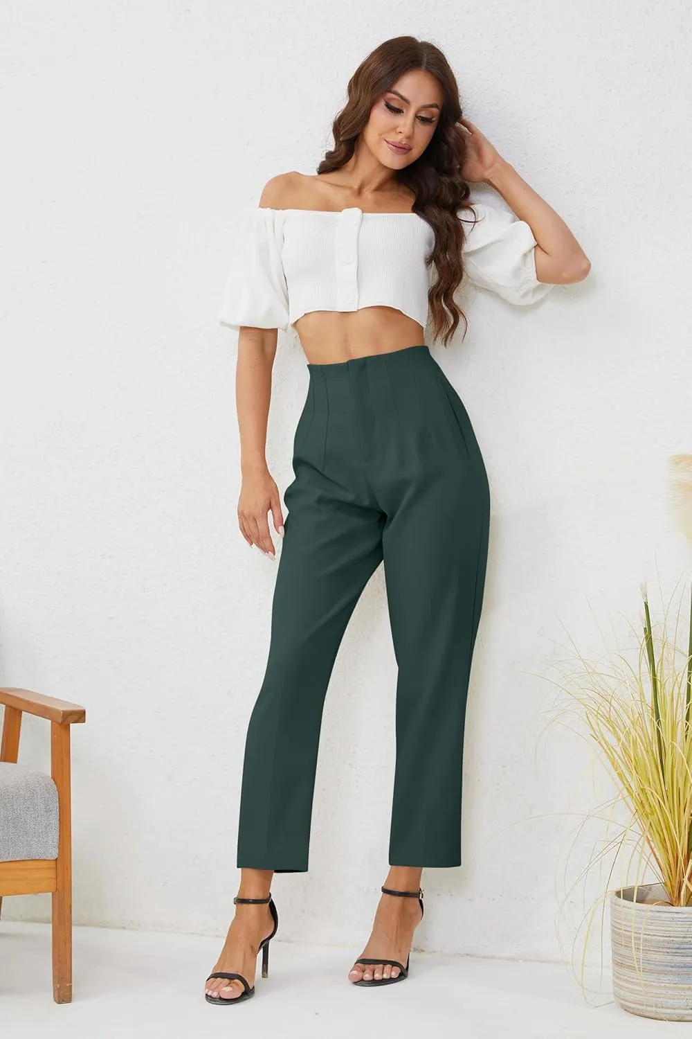 Women's High Waisted Business Trousers Straight Leg Pleated Office Slacks Pants