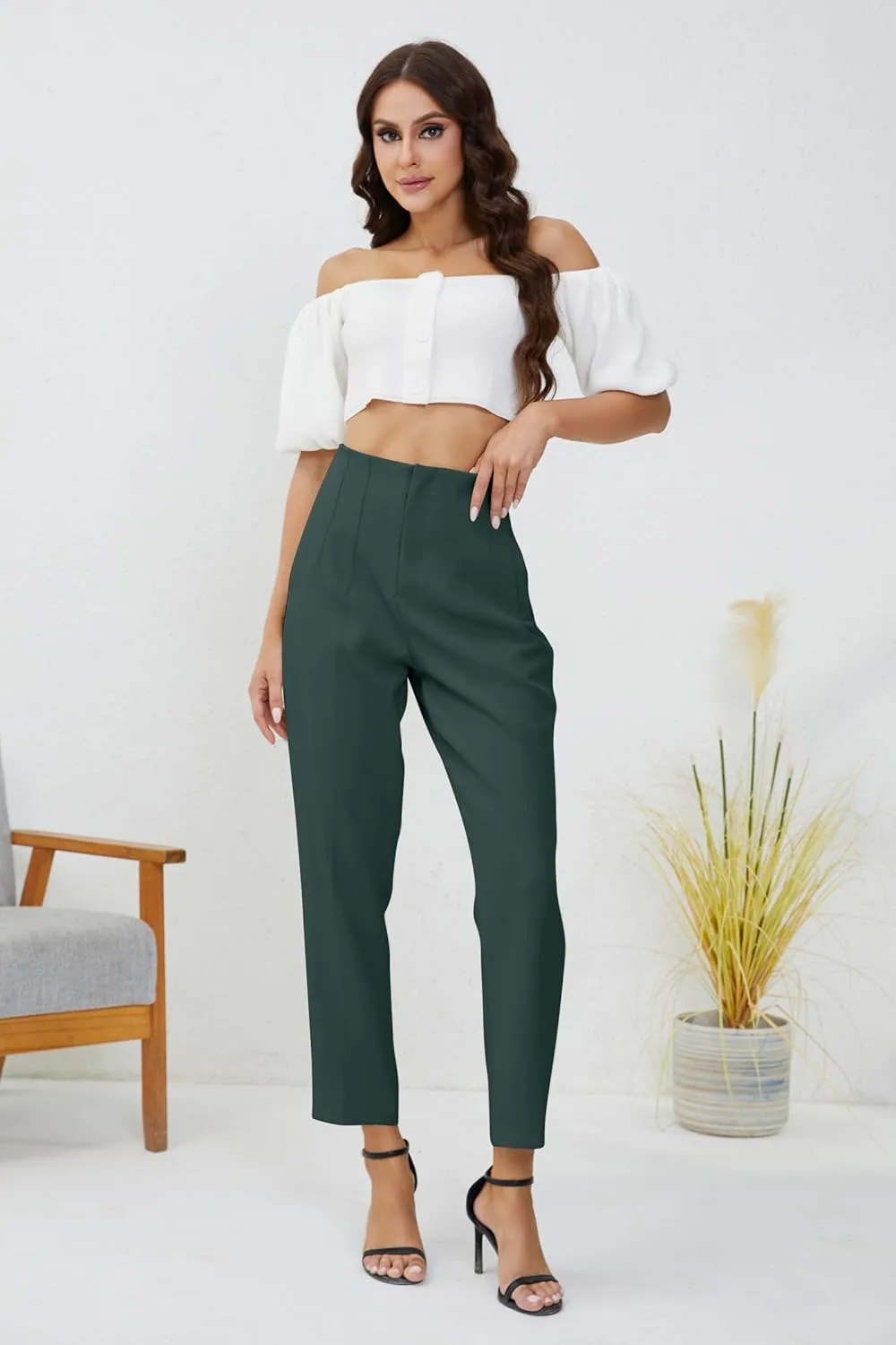 Women's High Waisted Business Trousers Straight Leg Pleated Office Slacks Pants
