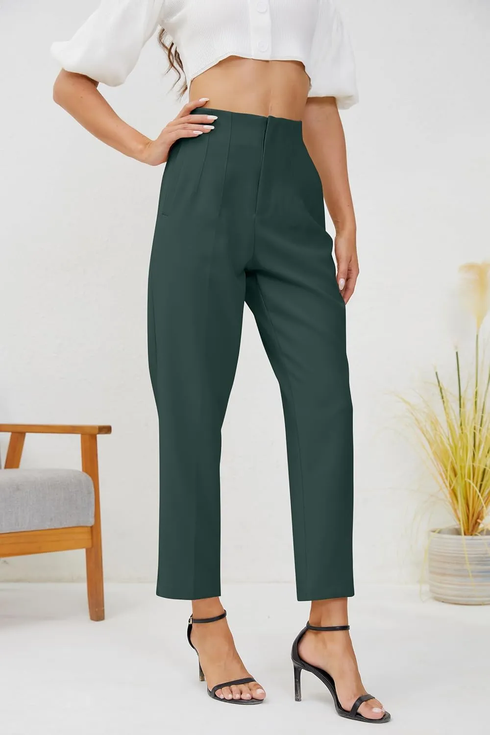 Women's High Waisted Business Trousers Straight Leg Pleated Office Slacks Pants