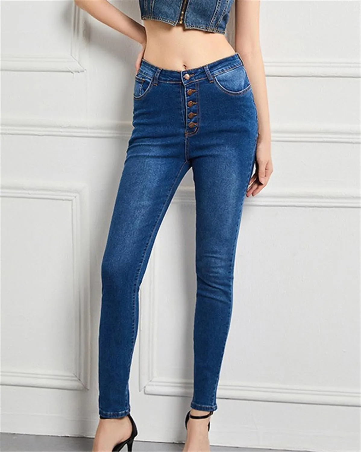 Women's Jeans Stretch High Waisted Skinny Fitted Slim Sexy Butt Lift Women Denim Pants Multi Button Decoration