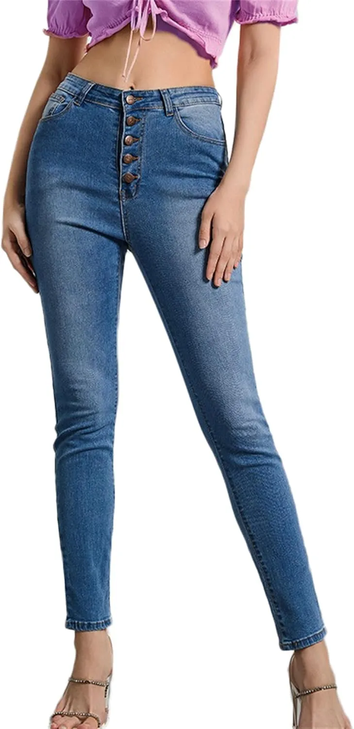 Women's Jeans Stretch High Waisted Skinny Fitted Slim Sexy Butt Lift Women Denim Pants Multi Button Decoration