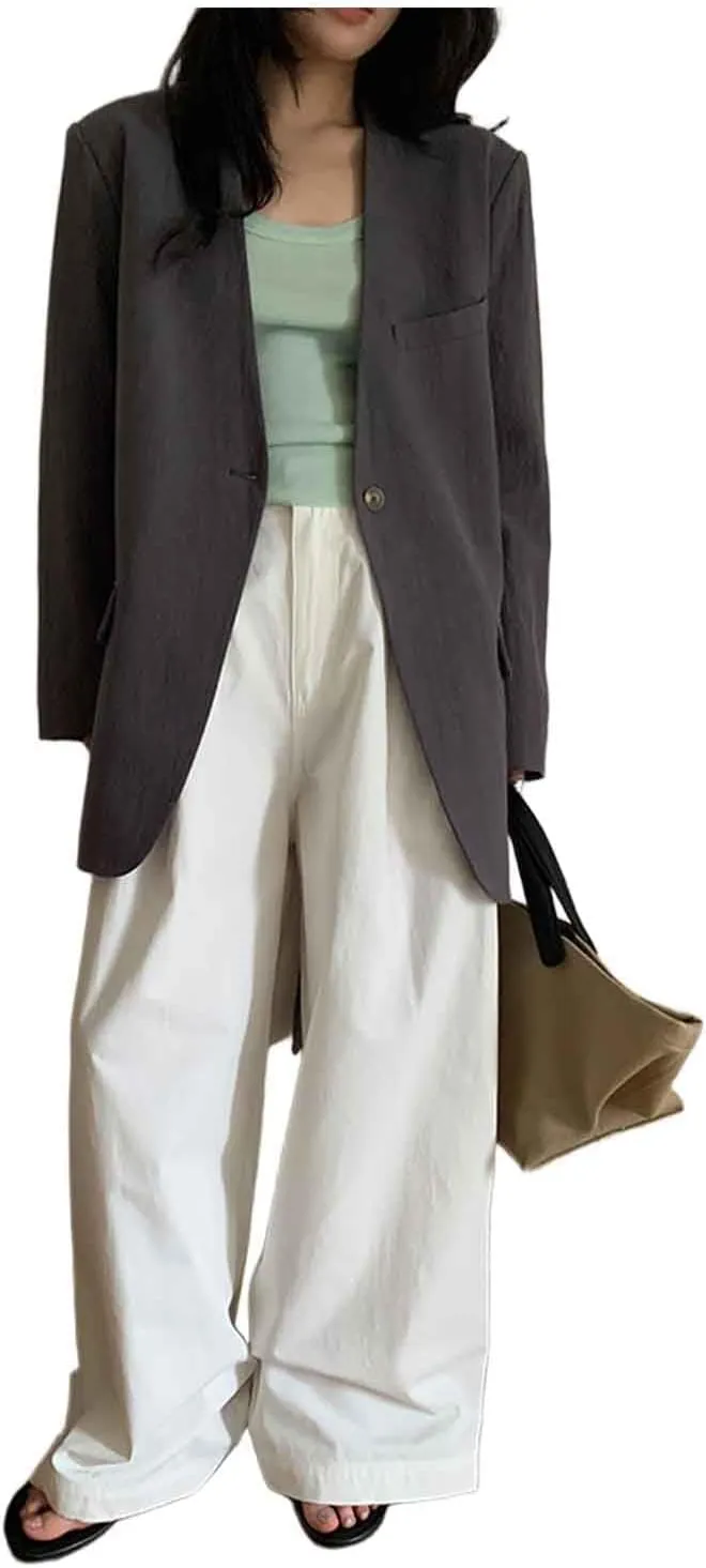 Women's Linen Blazer Single Breasted Button Suit Coat for Daily Leisure