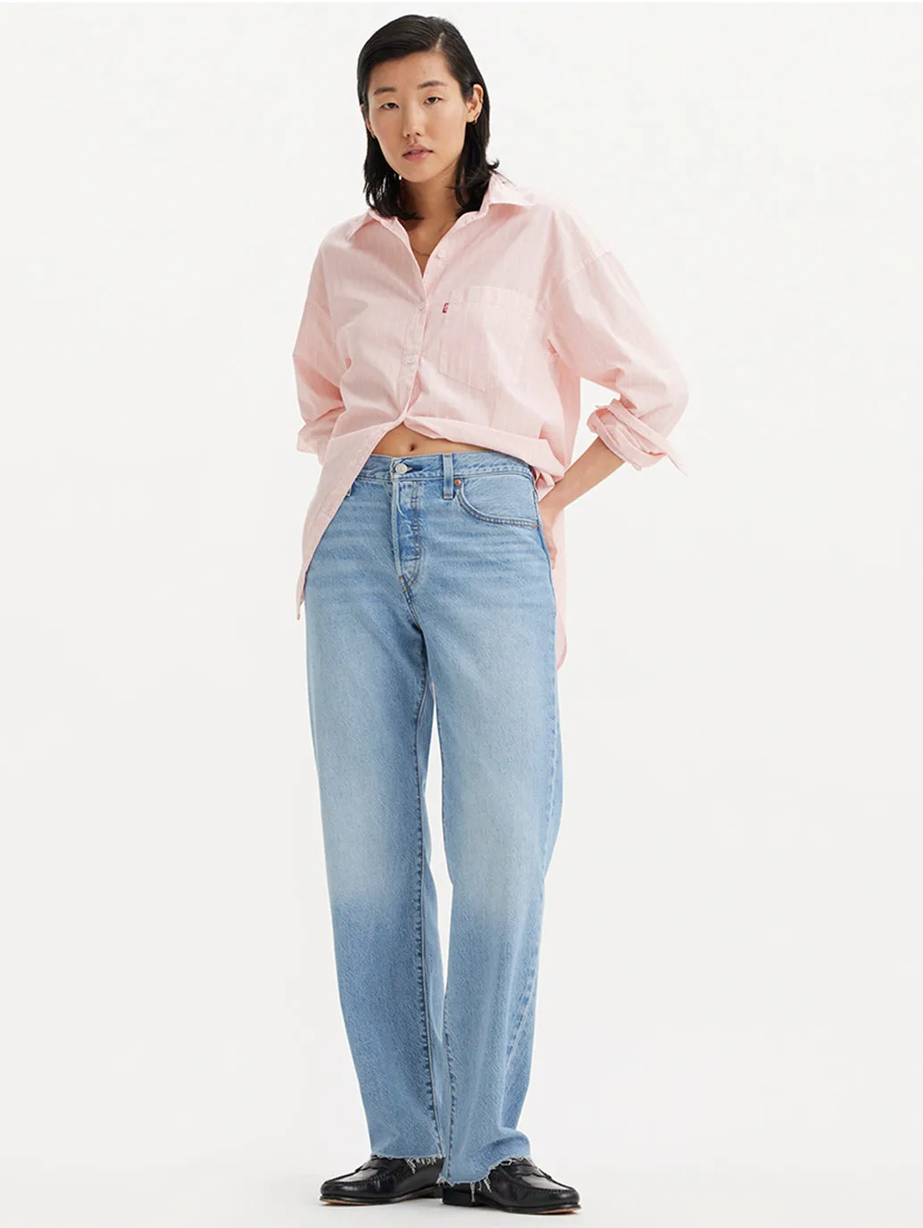 Women's Mid Rise 501 Straight Fit Light Blue Button Fly Jeans