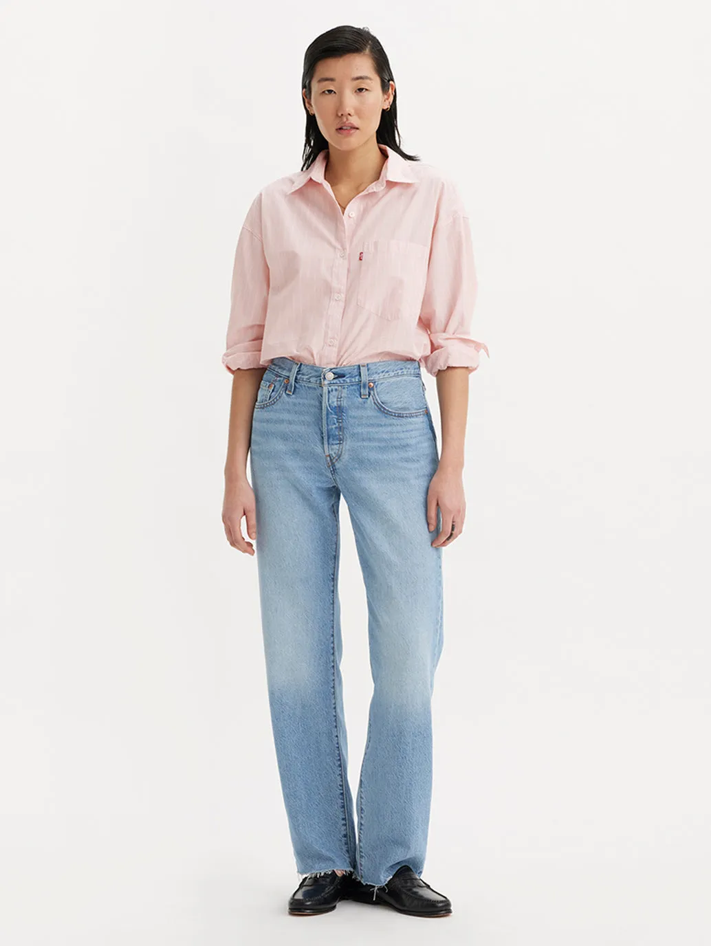 Women's Mid Rise 501 Straight Fit Light Blue Button Fly Jeans
