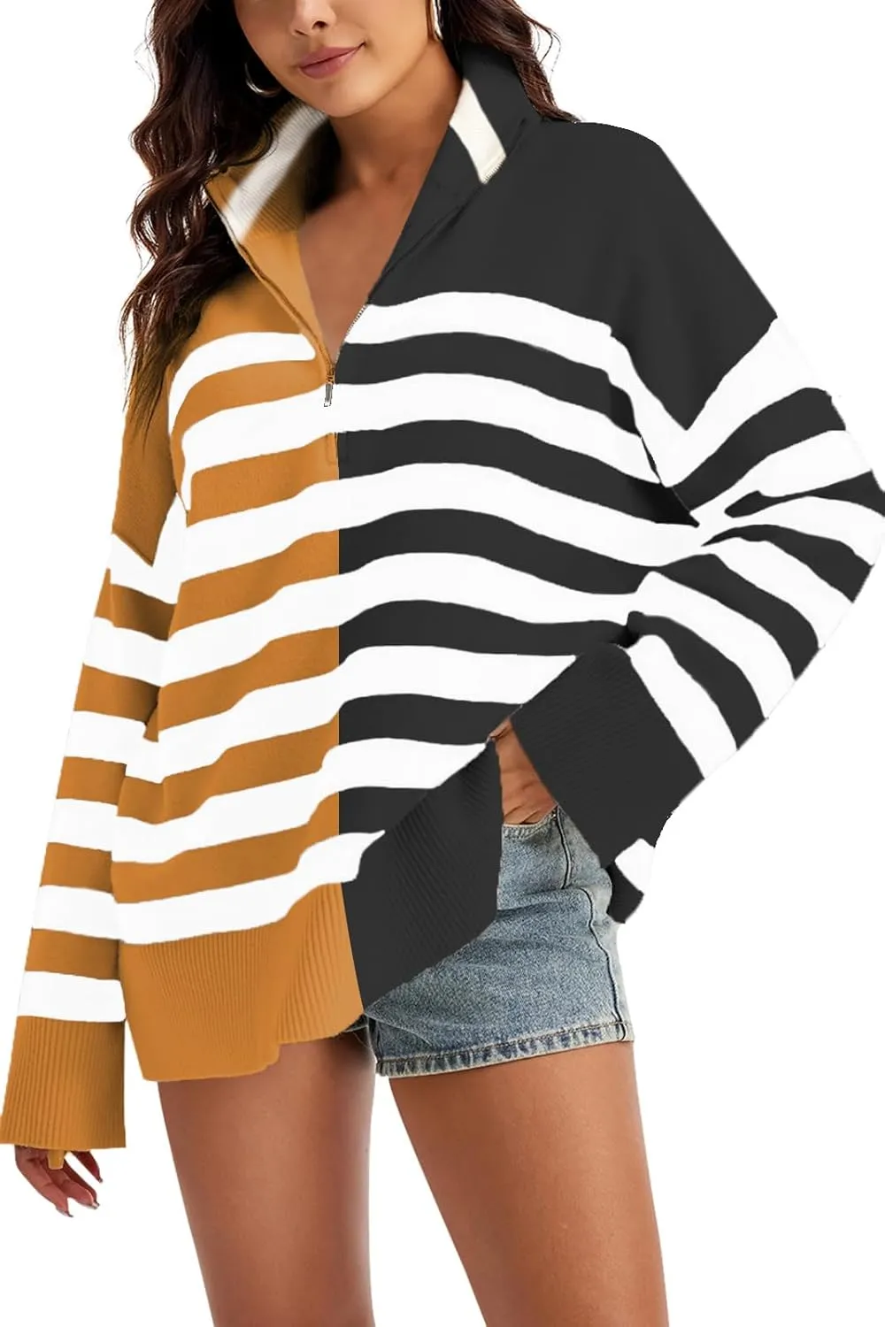 Womens Striped Oversized Sweaters Trendy Quarter Zip Long Sleeve Loose Knit Pullover Fall Color Block Casual Tops