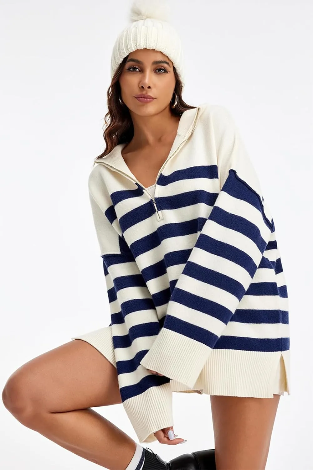 Womens Striped Oversized Sweaters Trendy Quarter Zip Long Sleeve Loose Knit Pullover Fall Color Block Casual Tops