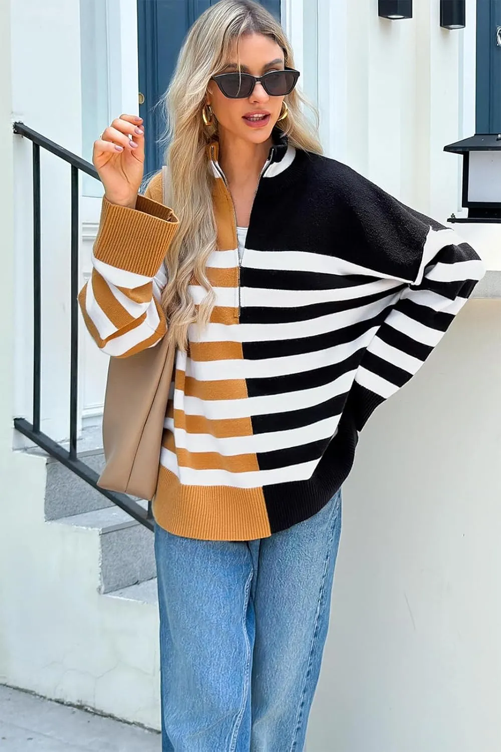 Womens Striped Oversized Sweaters Trendy Quarter Zip Long Sleeve Loose Knit Pullover Fall Color Block Casual Tops