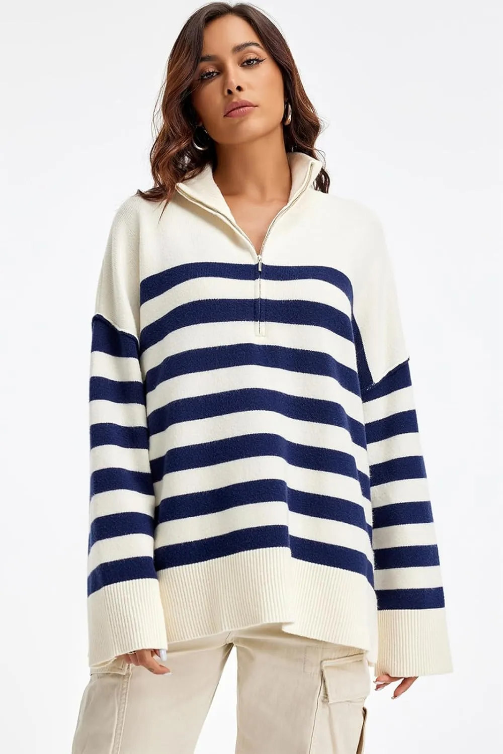 Womens Striped Oversized Sweaters Trendy Quarter Zip Long Sleeve Loose Knit Pullover Fall Color Block Casual Tops