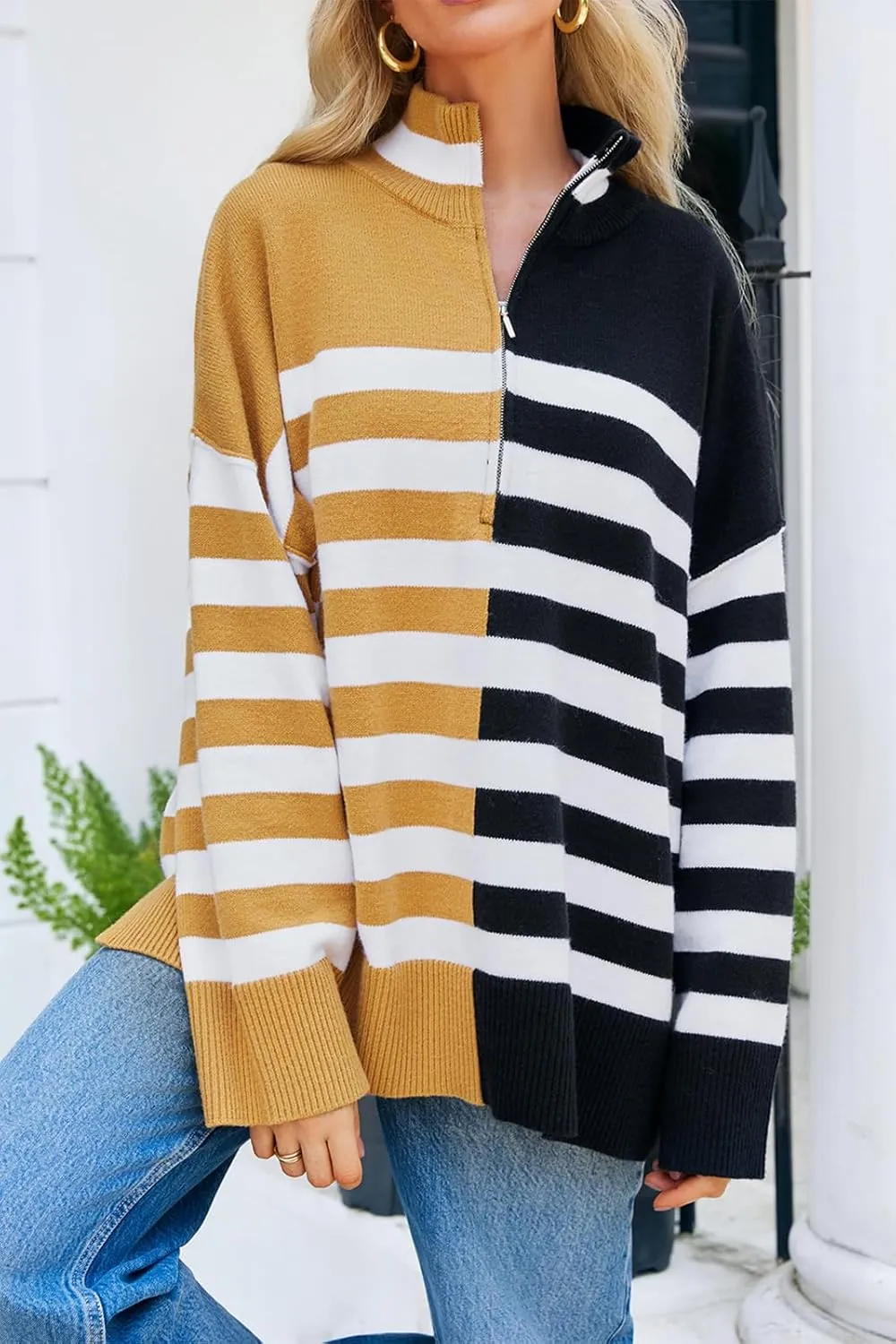Womens Striped Oversized Sweaters Trendy Quarter Zip Long Sleeve Loose Knit Pullover Fall Color Block Casual Tops