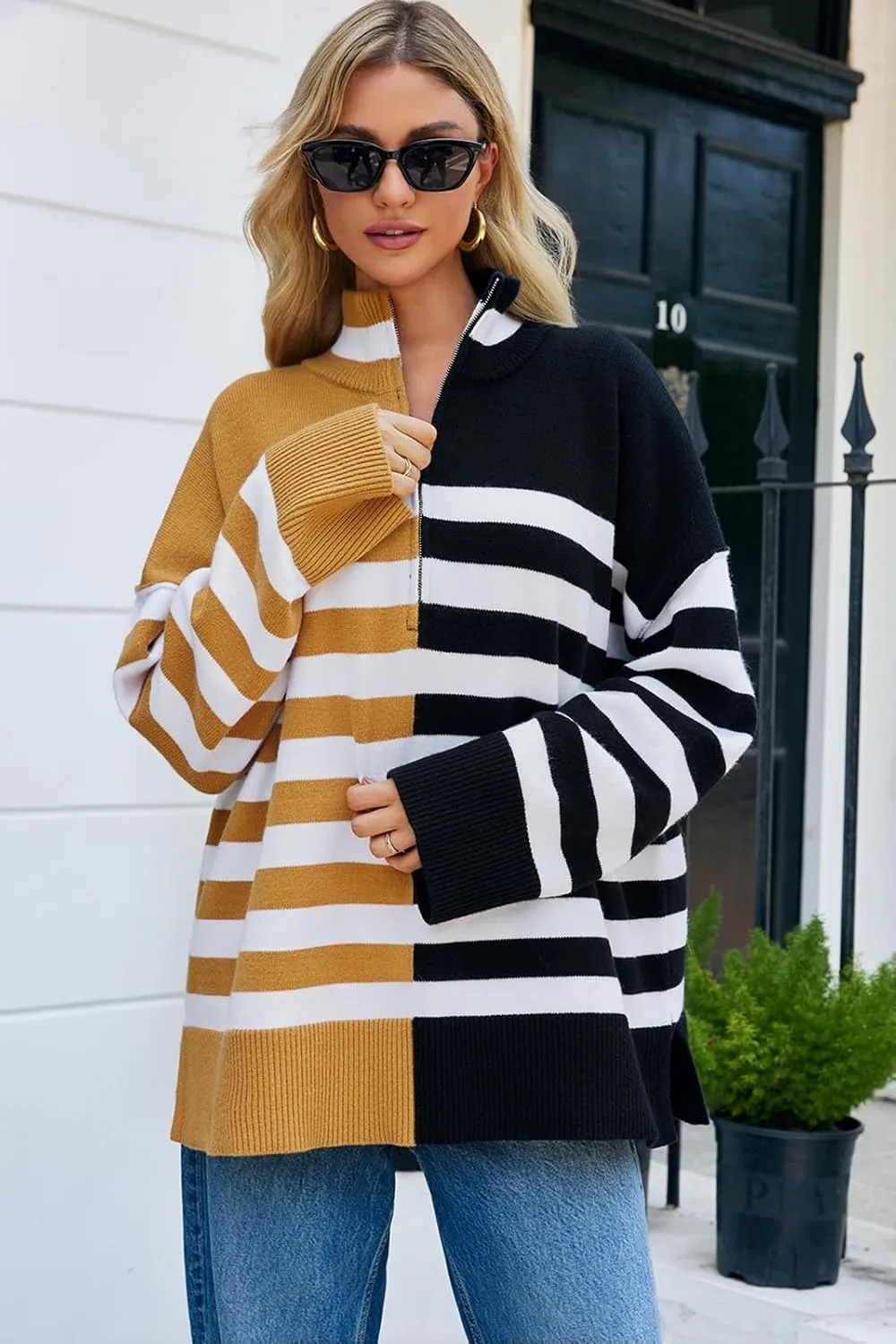 Womens Striped Oversized Sweaters Trendy Quarter Zip Long Sleeve Loose Knit Pullover Fall Color Block Casual Tops