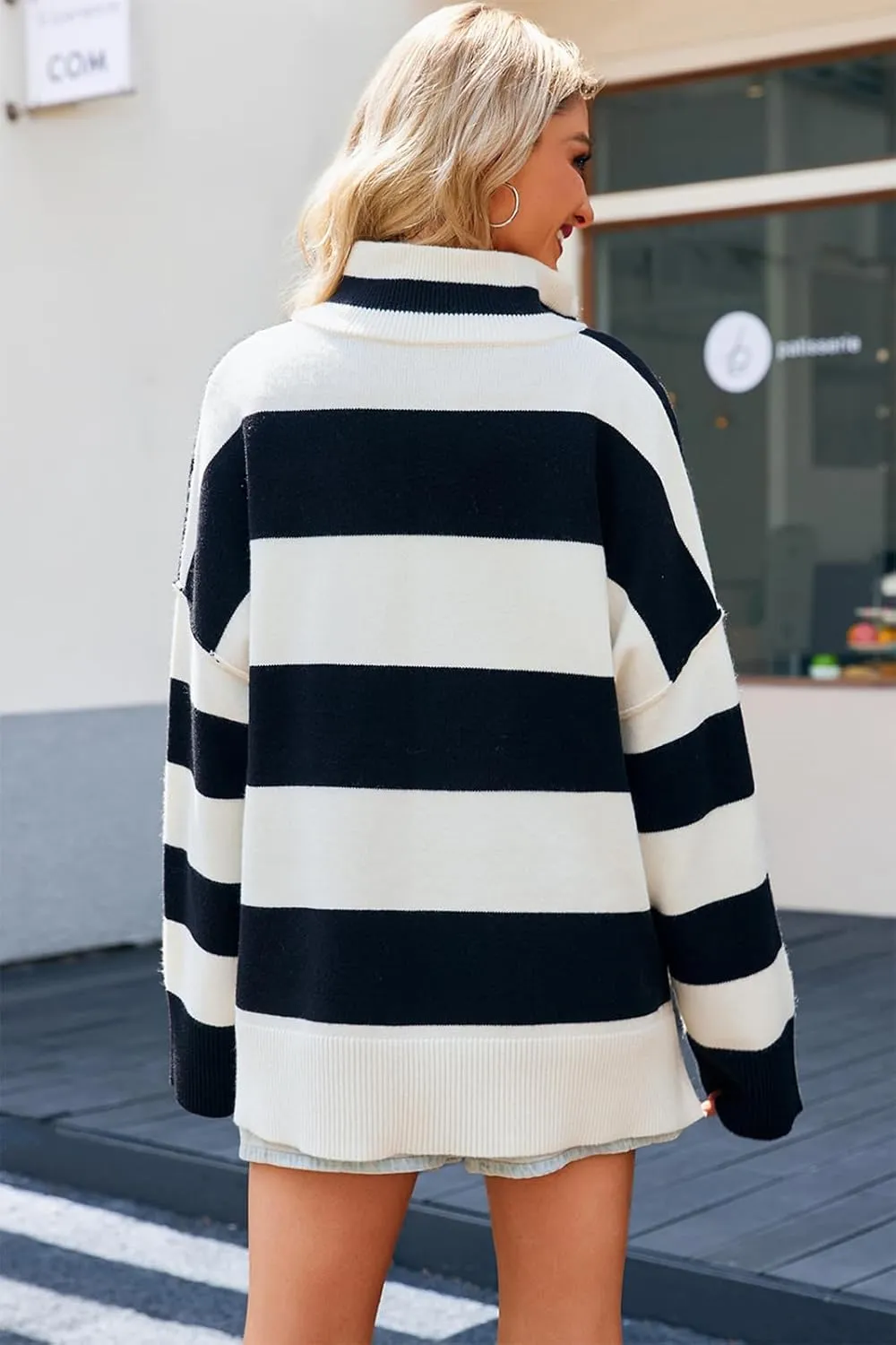 Womens Striped Oversized Sweaters Trendy Quarter Zip Long Sleeve Loose Knit Pullover Fall Color Block Casual Tops