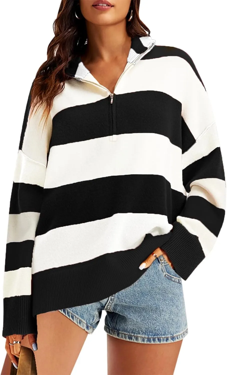 Womens Striped Oversized Sweaters Trendy Quarter Zip Long Sleeve Loose Knit Pullover Fall Color Block Casual Tops
