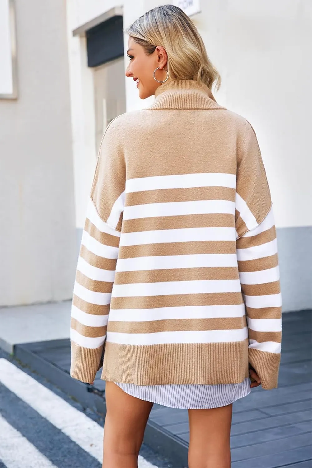 Womens Striped Oversized Sweaters Trendy Quarter Zip Long Sleeve Loose Knit Pullover Fall Color Block Casual Tops