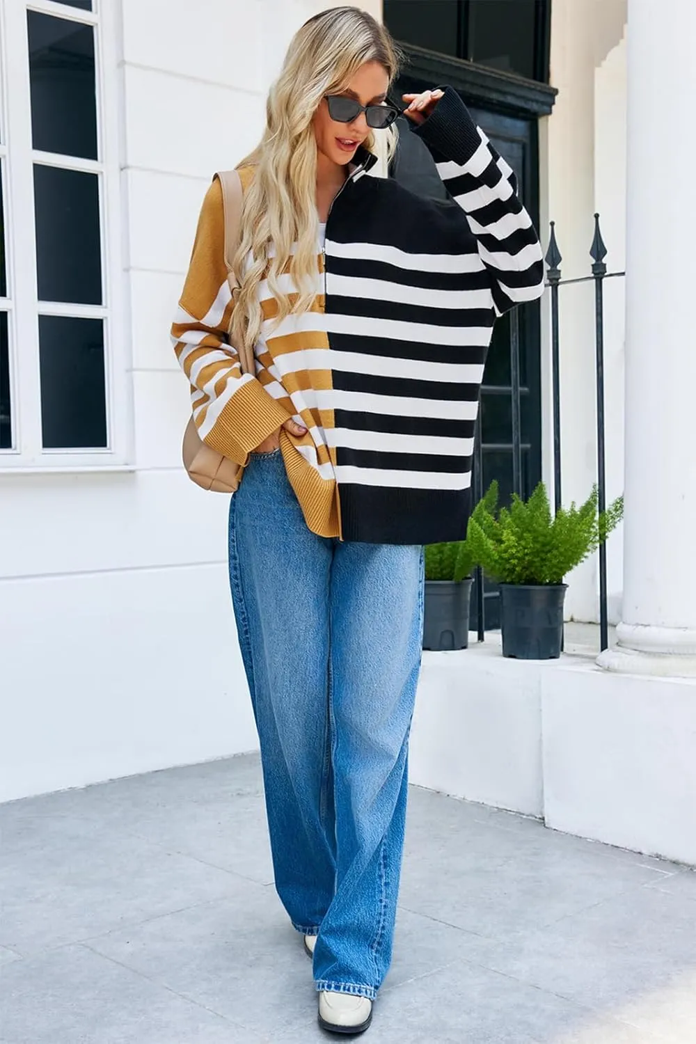 Womens Striped Oversized Sweaters Trendy Quarter Zip Long Sleeve Loose Knit Pullover Fall Color Block Casual Tops