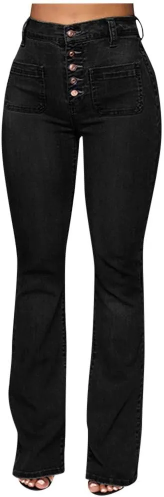 XUETON Women Juniors Bell Bottom Jeans High Waisted Stretch Fitted Wide Leg Bootcut Denim Flare Jeans Plus Size(Black,X-Small)