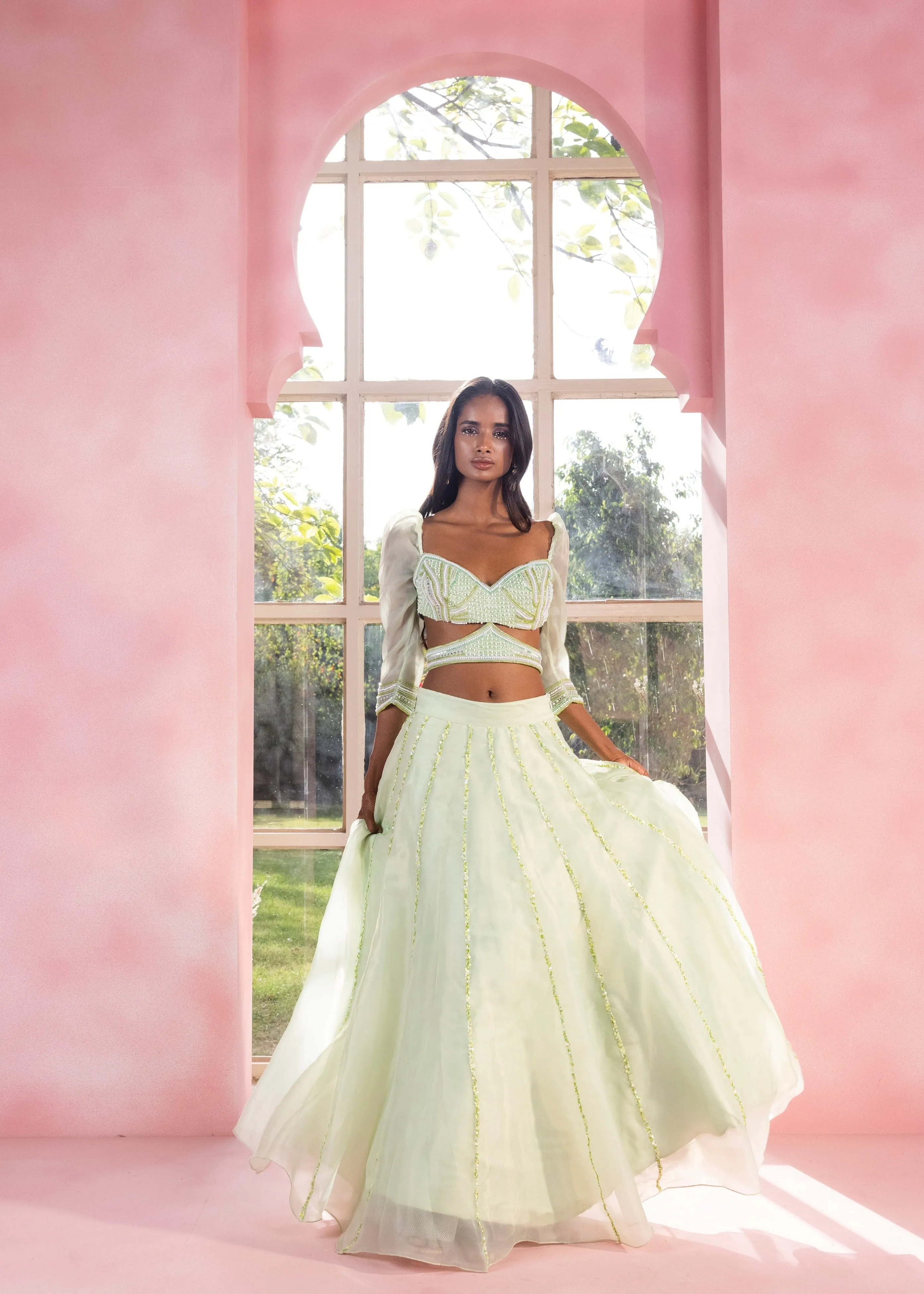 Yashika and Vanya Sage Green Hand-Embroidered Lehenga Set