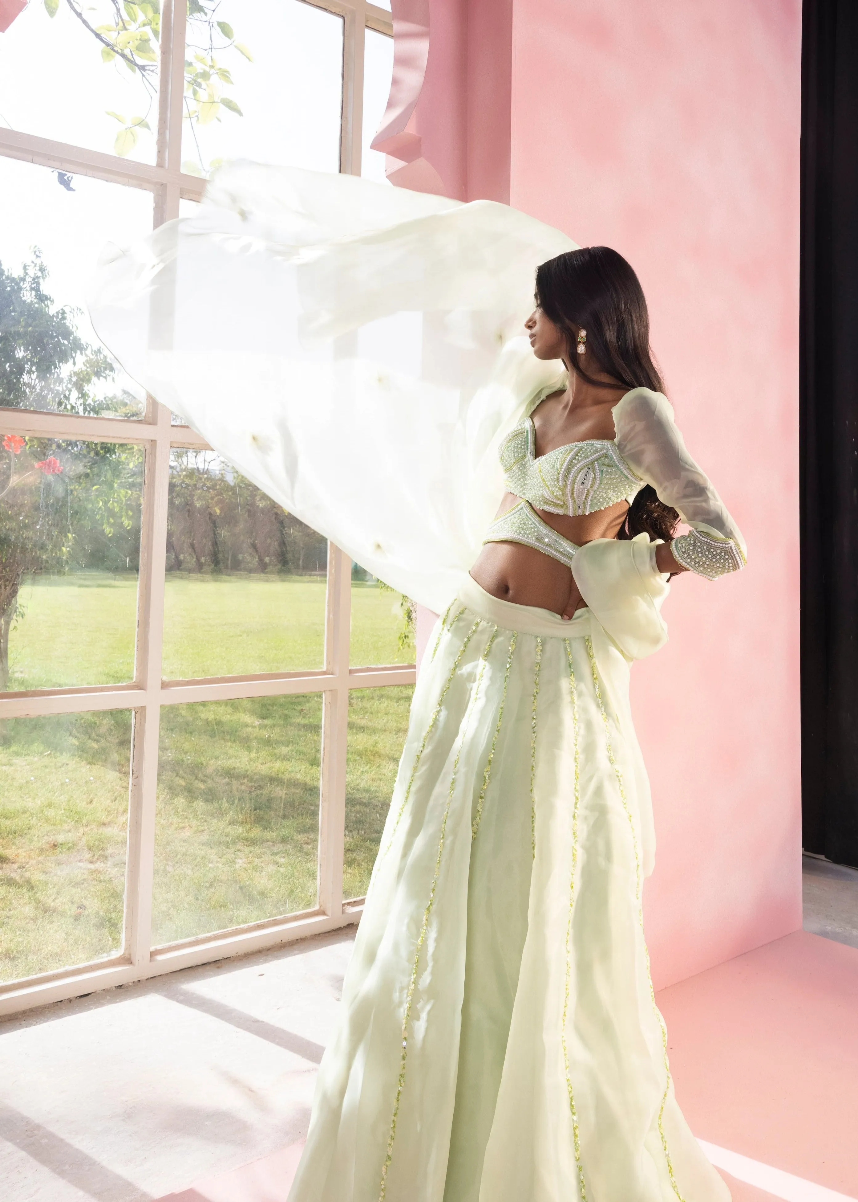 Yashika and Vanya Sage Green Hand-Embroidered Lehenga Set