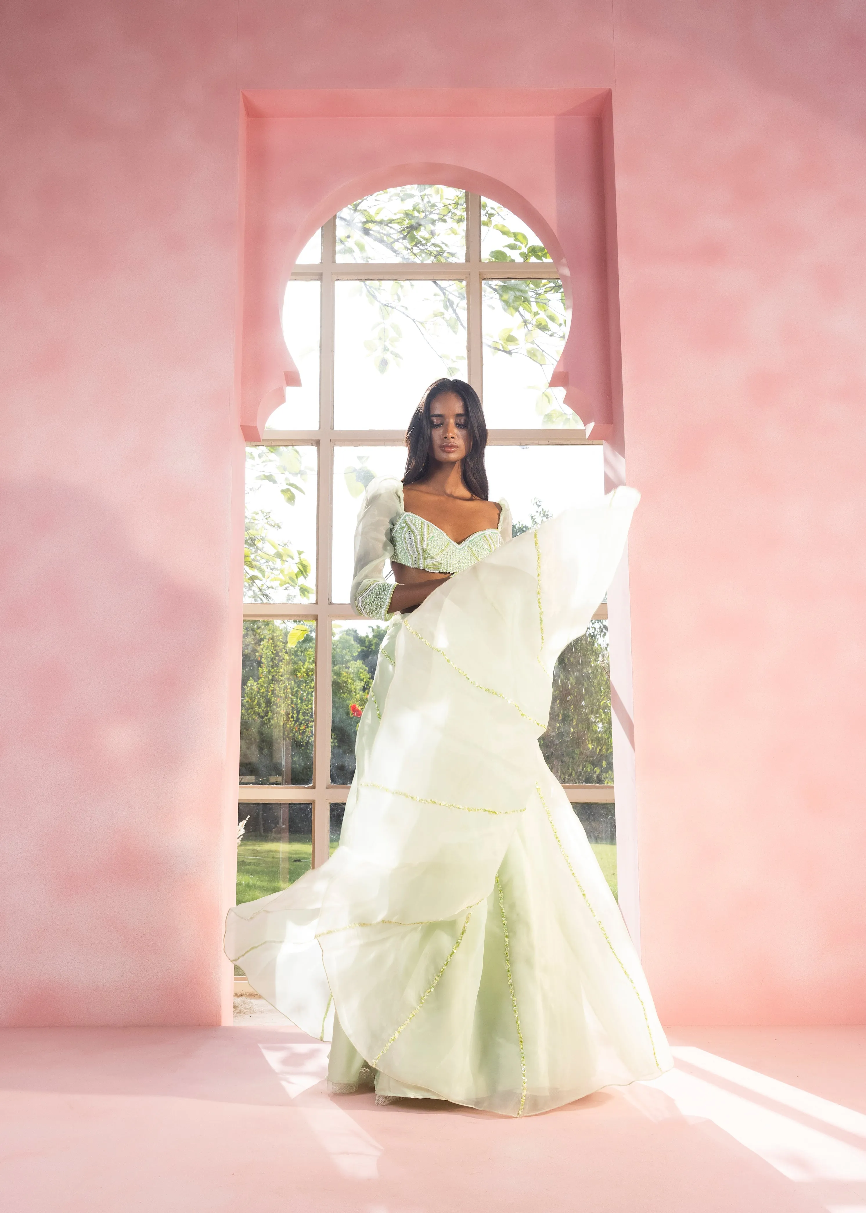 Yashika and Vanya Sage Green Hand-Embroidered Lehenga Set