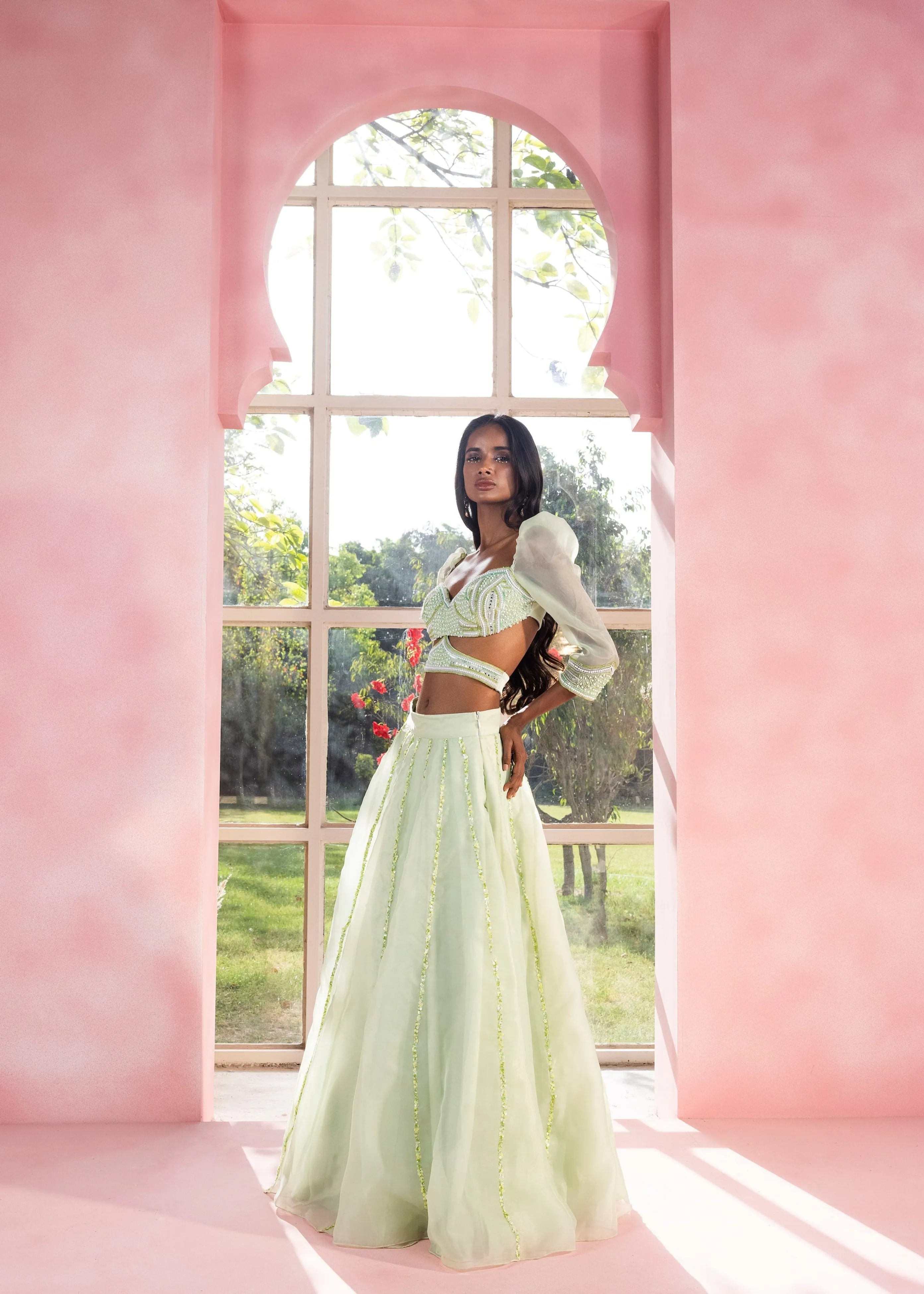 Yashika and Vanya Sage Green Hand-Embroidered Lehenga Set