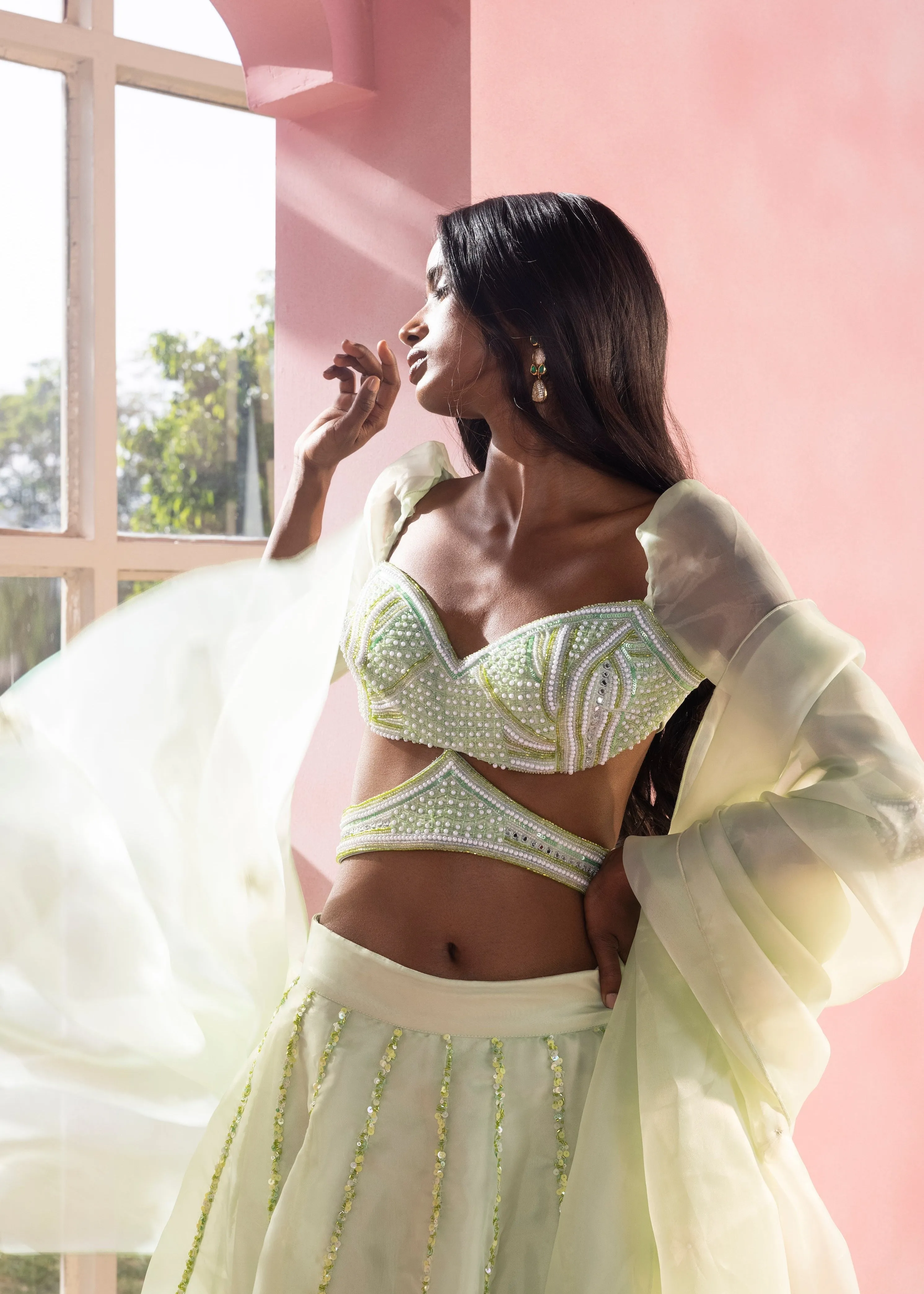 Yashika and Vanya Sage Green Hand-Embroidered Lehenga Set
