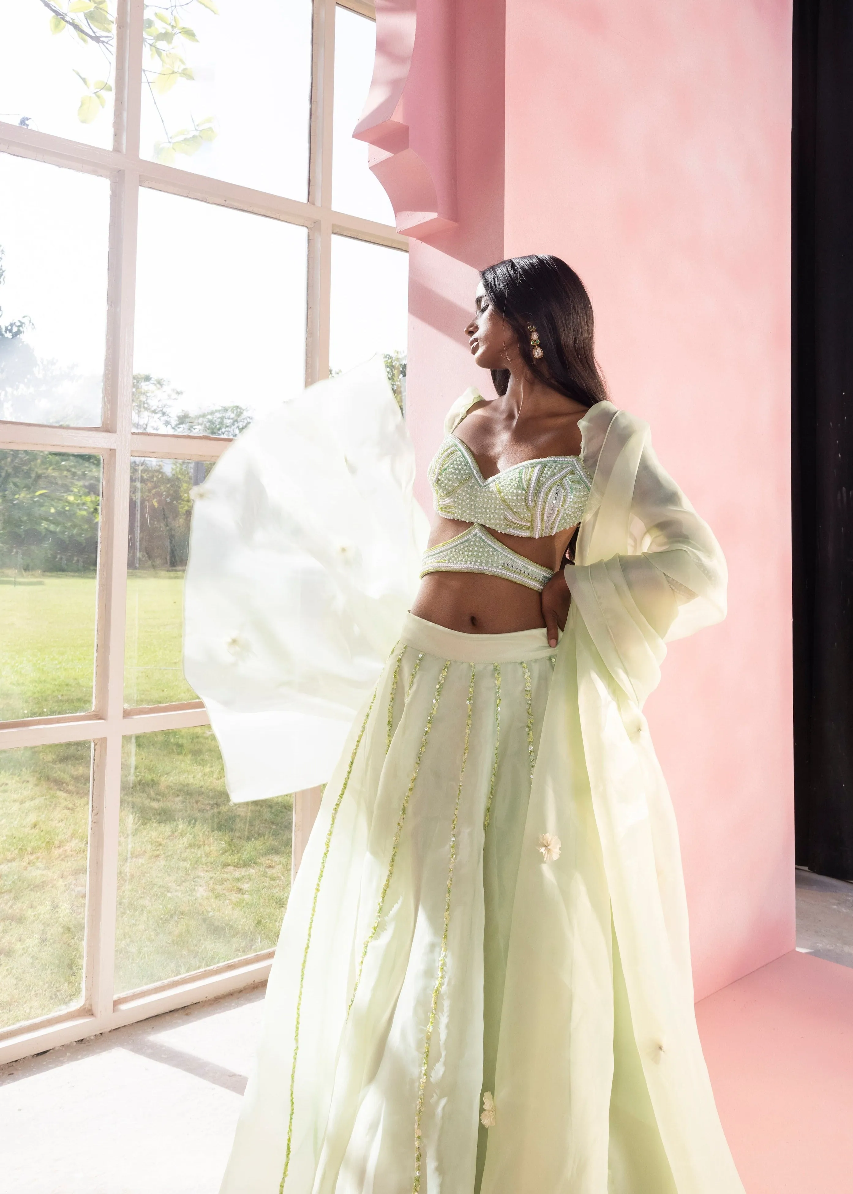 Yashika and Vanya Sage Green Hand-Embroidered Lehenga Set