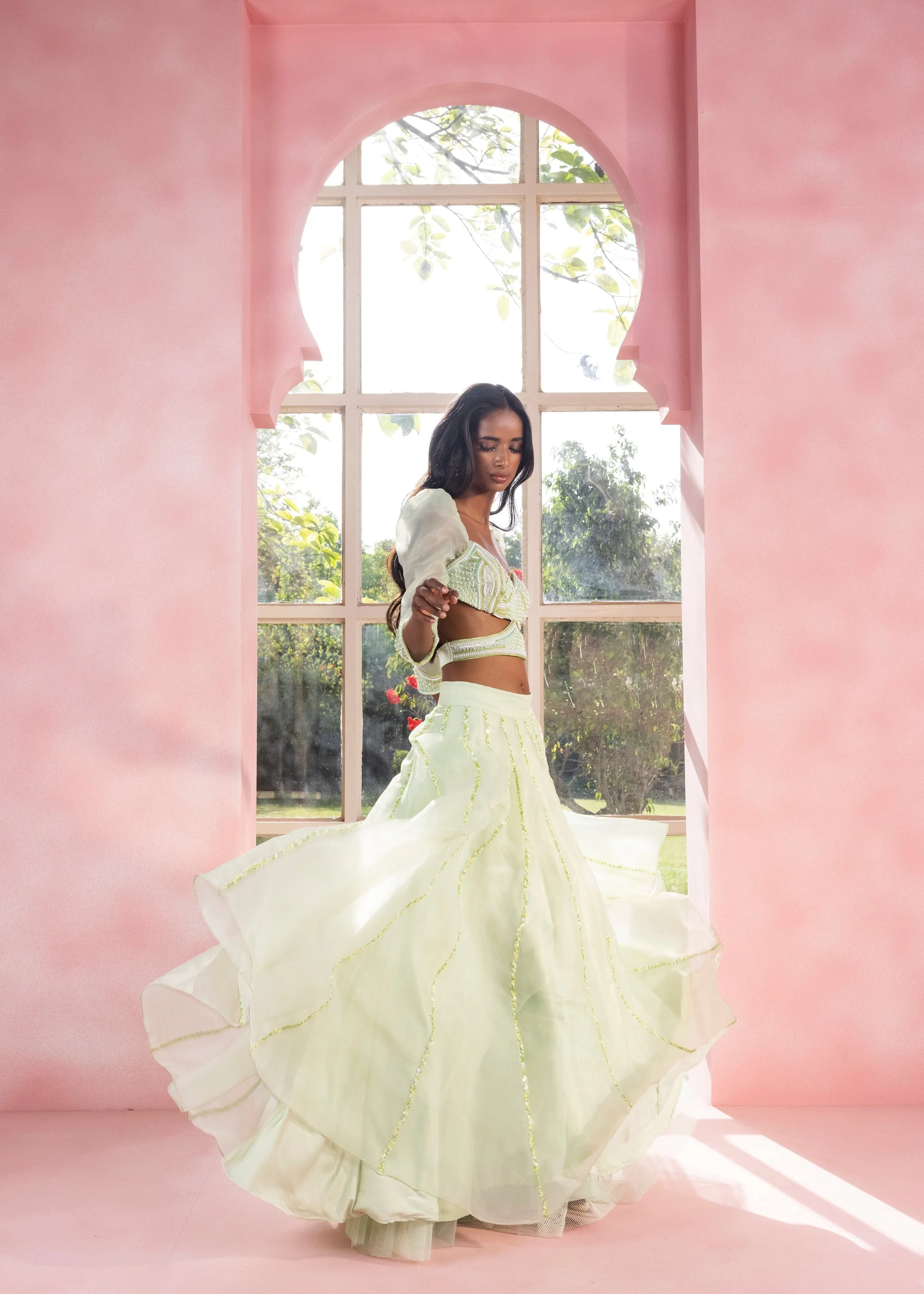 Yashika and Vanya Sage Green Hand-Embroidered Lehenga Set