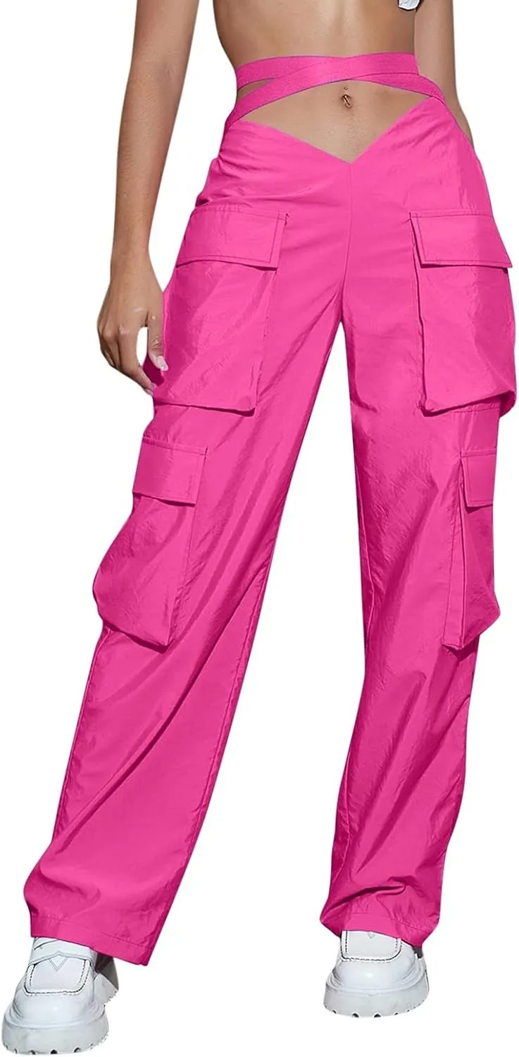 YOLAI V-Shaped Crossed Cargo Pant Mid Waist Baggy Wide Leg Trousers Streetwear Hip Hop Joggers Pants with Pockets
