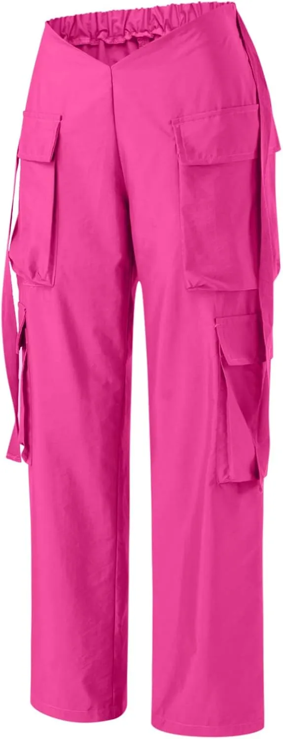 YOLAI V-Shaped Crossed Cargo Pant Mid Waist Baggy Wide Leg Trousers Streetwear Hip Hop Joggers Pants with Pockets