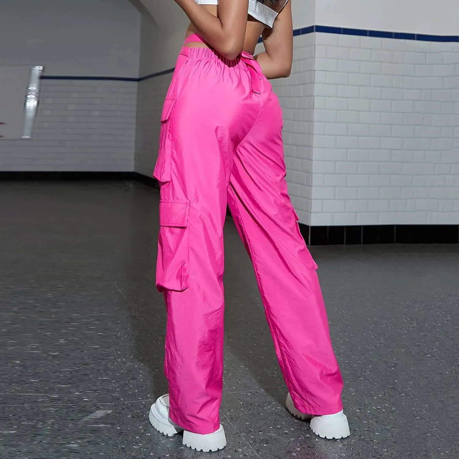 YOLAI V-Shaped Crossed Cargo Pant Mid Waist Baggy Wide Leg Trousers Streetwear Hip Hop Joggers Pants with Pockets
