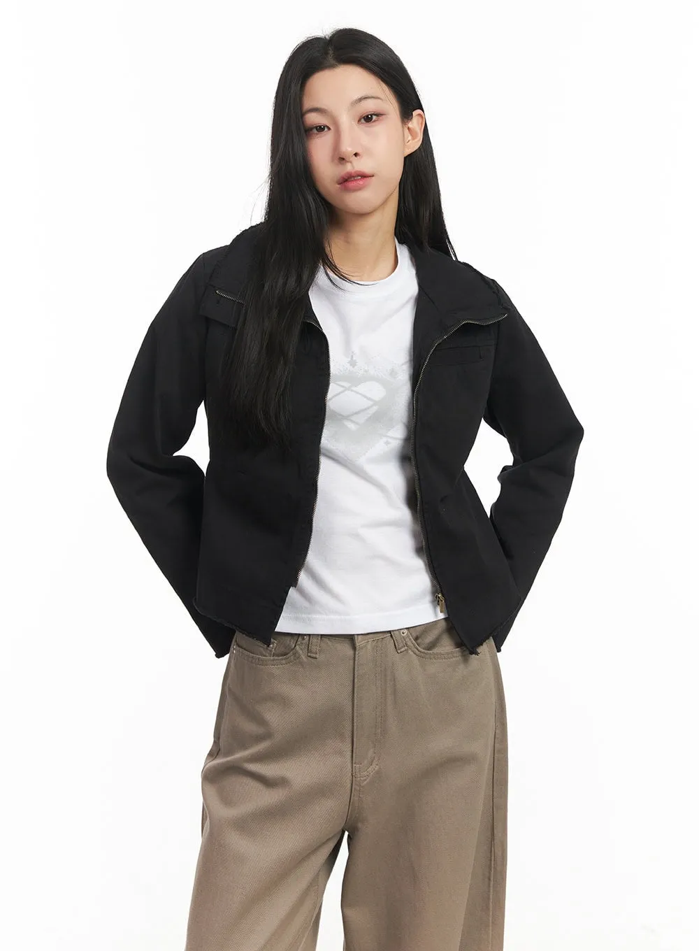 Zip-Up Distressed Hem Jacket CM504