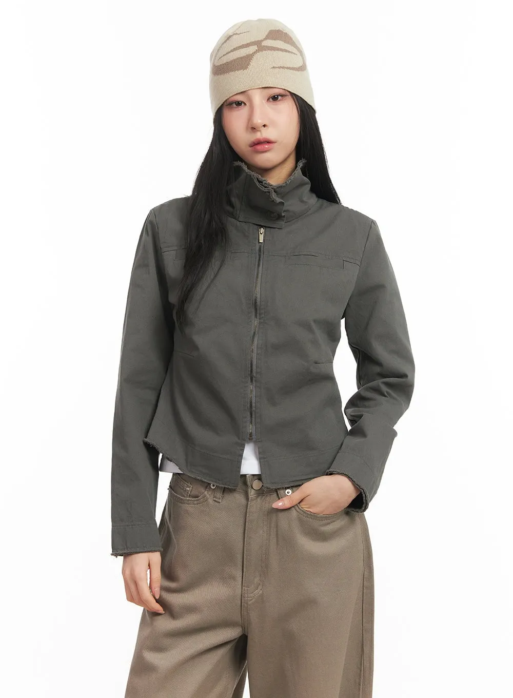 Zip-Up Distressed Hem Jacket CM504